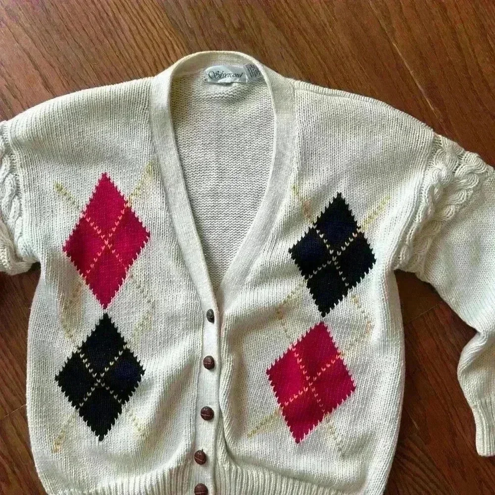 Vintage 90's Argyle Cardigan Sweater Shoulder Pads Country Club Prep size Large